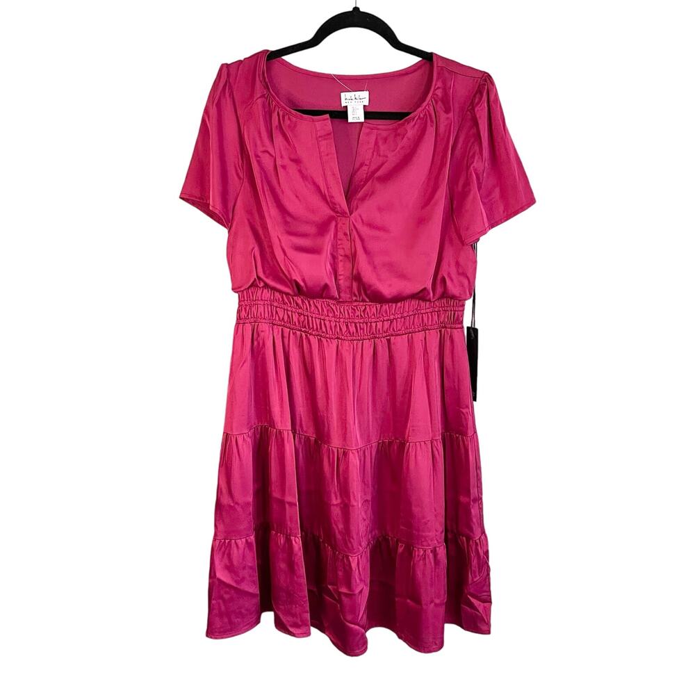 Nicole Miller NY Pink Round V-cut Stretch Tiered Pullover Mini Dress Large NWT